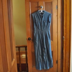 Denim Button Down Maxi Dress Pockets Cap Sleeve